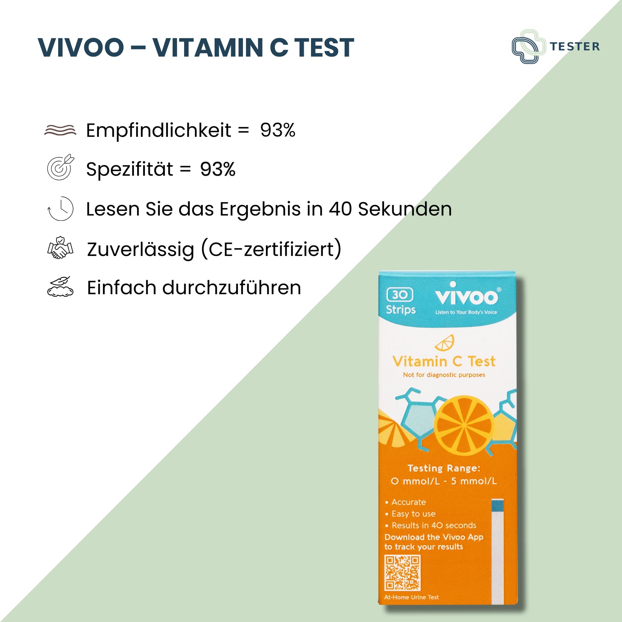 Vivoo Vitamin C Test. Packung mit 30 Teststreifen. Produktinformationen und Tester-Logo. Text: Ergebnisse in 40 Sekunden.