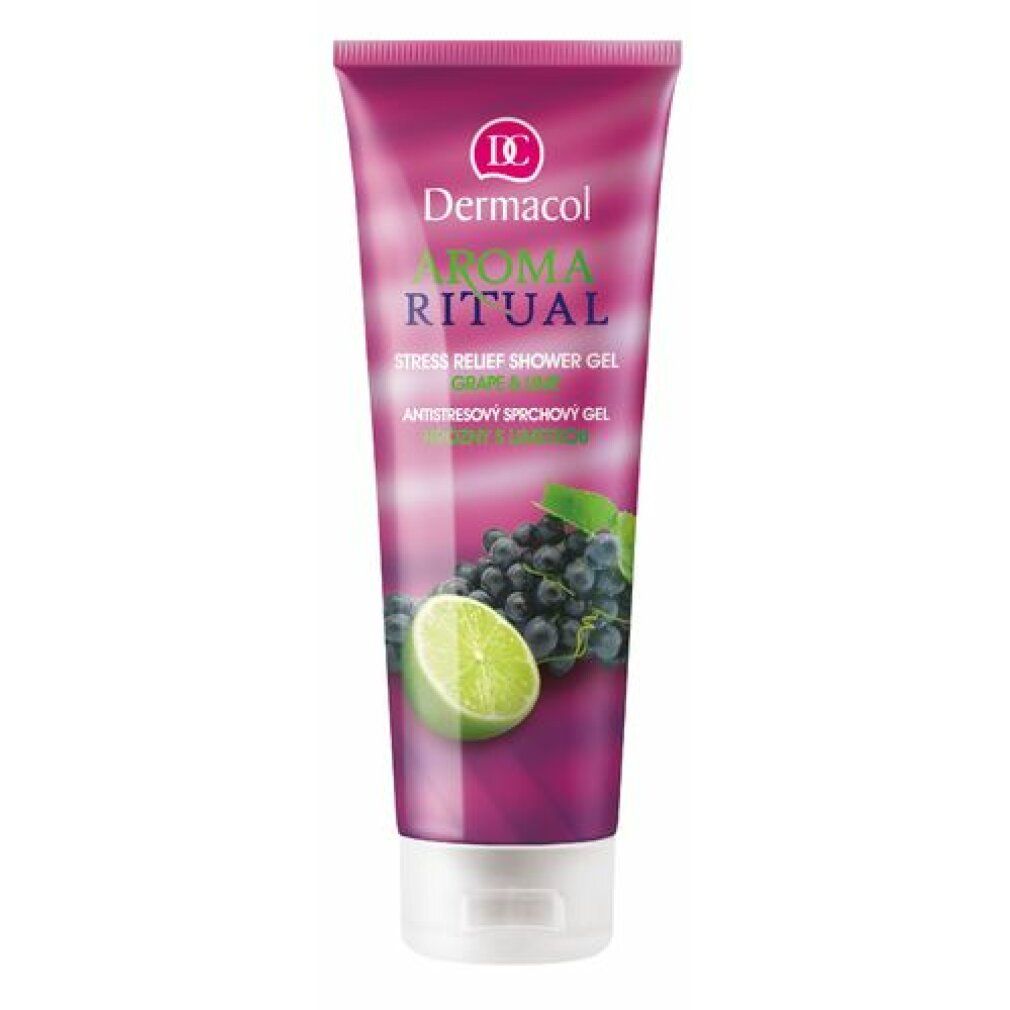 Lila Tube mit "Dermacol Aroma Ritual" und Abbildung von Trauben und Limette. Text: "Stress Relief Shower Gel".