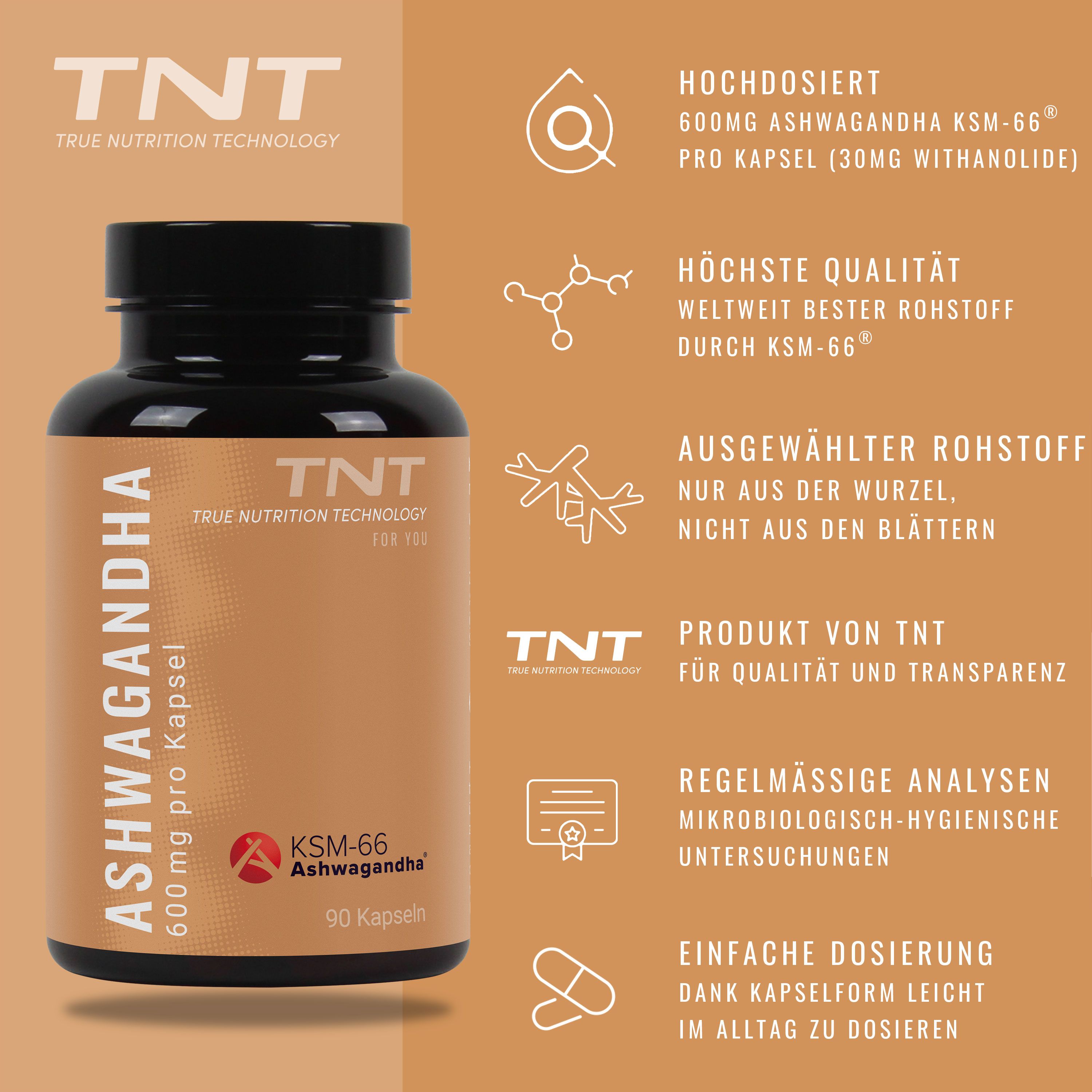 Flasche Ashwagandha KSM-66, 600mg pro Kapsel, mit Infografiken zu Qualität und Dosierung.