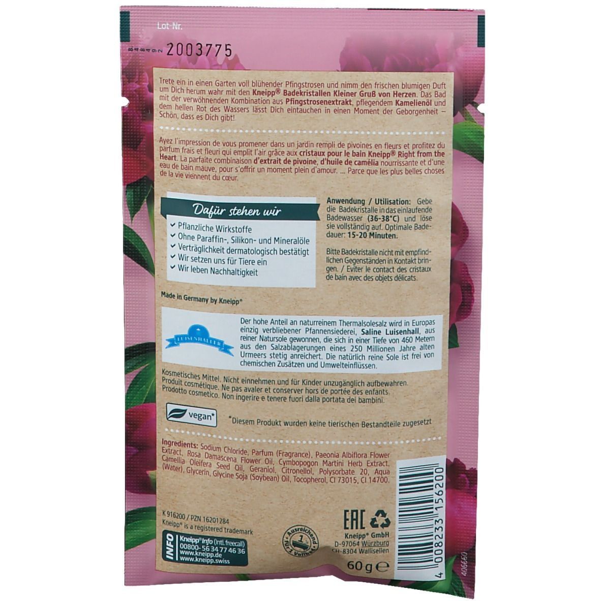 Rückseite eines rosa Beutels mit Kneipp-Logo und Blüten. Text: Inhaltsstoffe, Anwendung, vegan. Enthält 60g. Siegel: Naturkompetenz, Made in Germany.