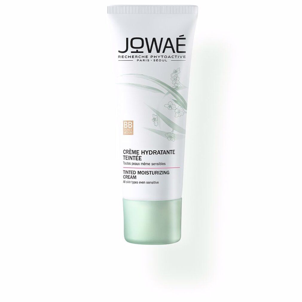 Weiße Tube mit grünem Deckel. Aufschrift: JOWAE, Crème Hydratante Teintée, getönte Feuchtigkeitscreme. BB-Logo.