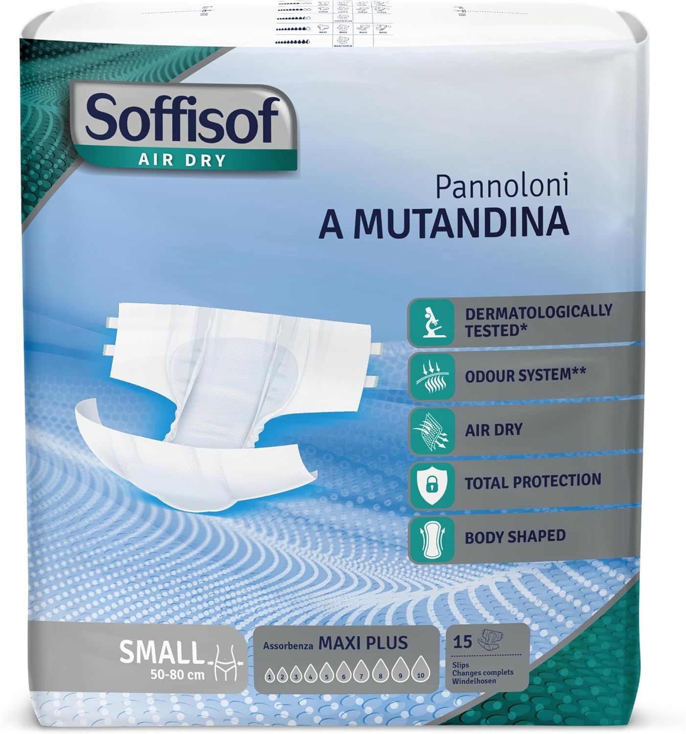 Verpackung Soffisof Air Dry Windeln für Erwachsene Maxi Plus. Größe Small, 50-80 cm. 15 Stück. Dermatologisch getestet, Geruchssystem, Air Dry.