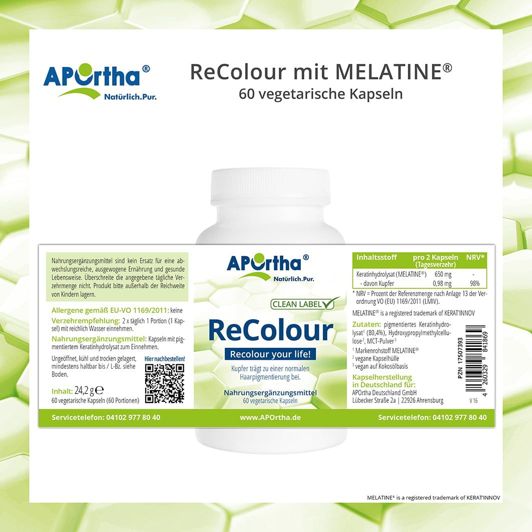 Etikett einer Flasche APOrtha® ReColour. Enthält Informationen zu Inhaltsstoffen, Nährwerten und Hersteller. 60 vegetarische Kapseln. Clean Label.