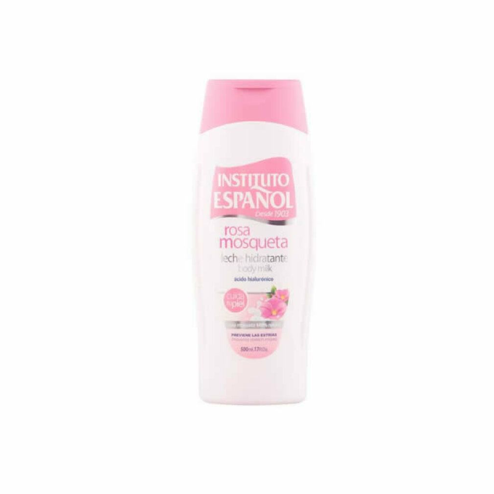 Weiße Flasche mit rosa Verschluss, Instituto Español Rosa Mosqueta Feuchtigkeitsmilch.