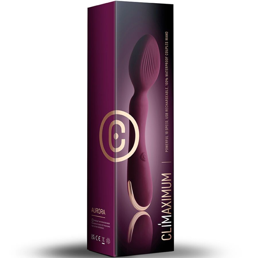 Verpackung eines lila Vibrators. Text: Climaximum, Aurora, 100% Waterproof.