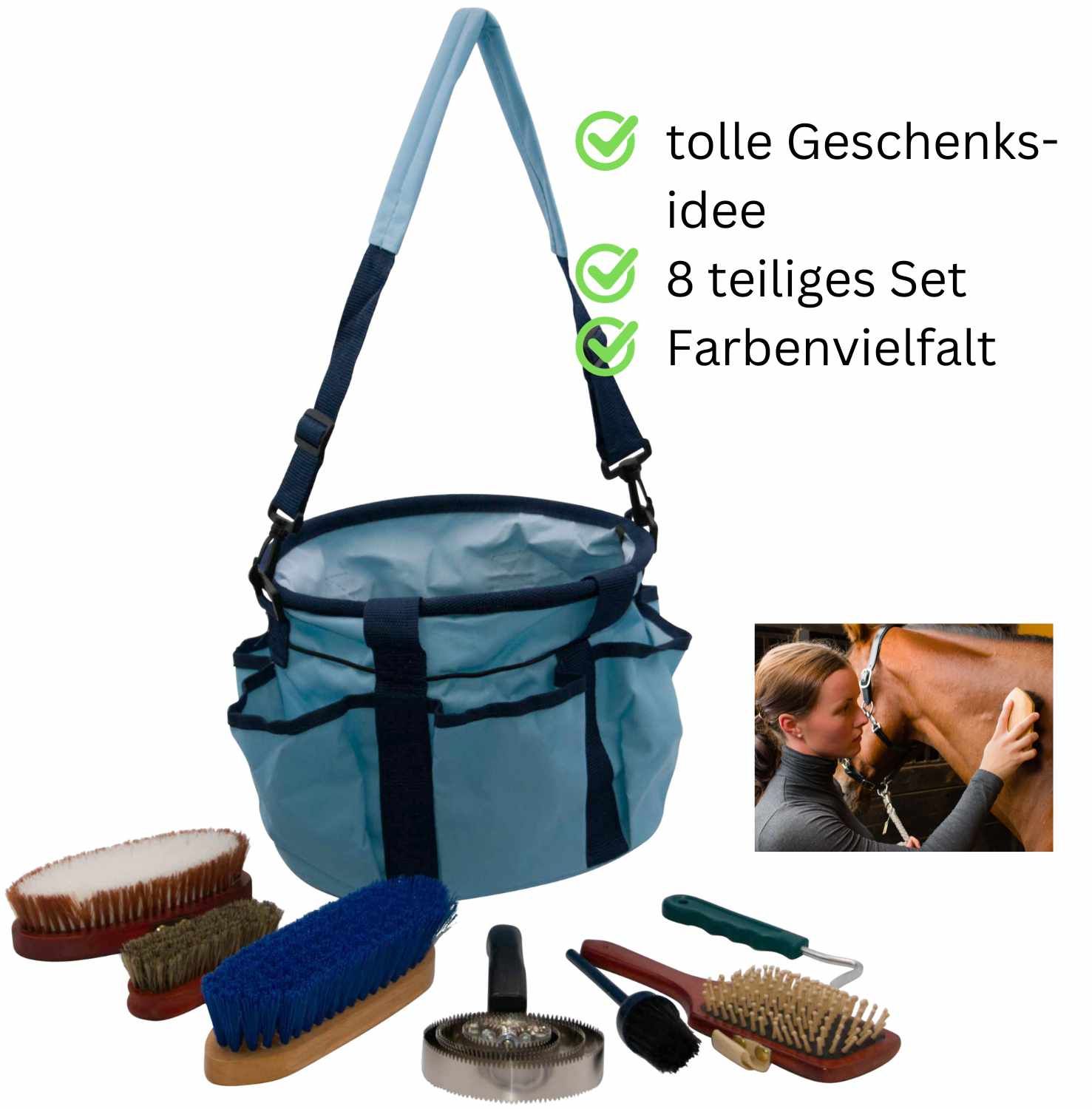 AMKA Putztasche 8 teiliges Set komplett mit 4 Bürsten, Hufpinsel, Hufkratzer und