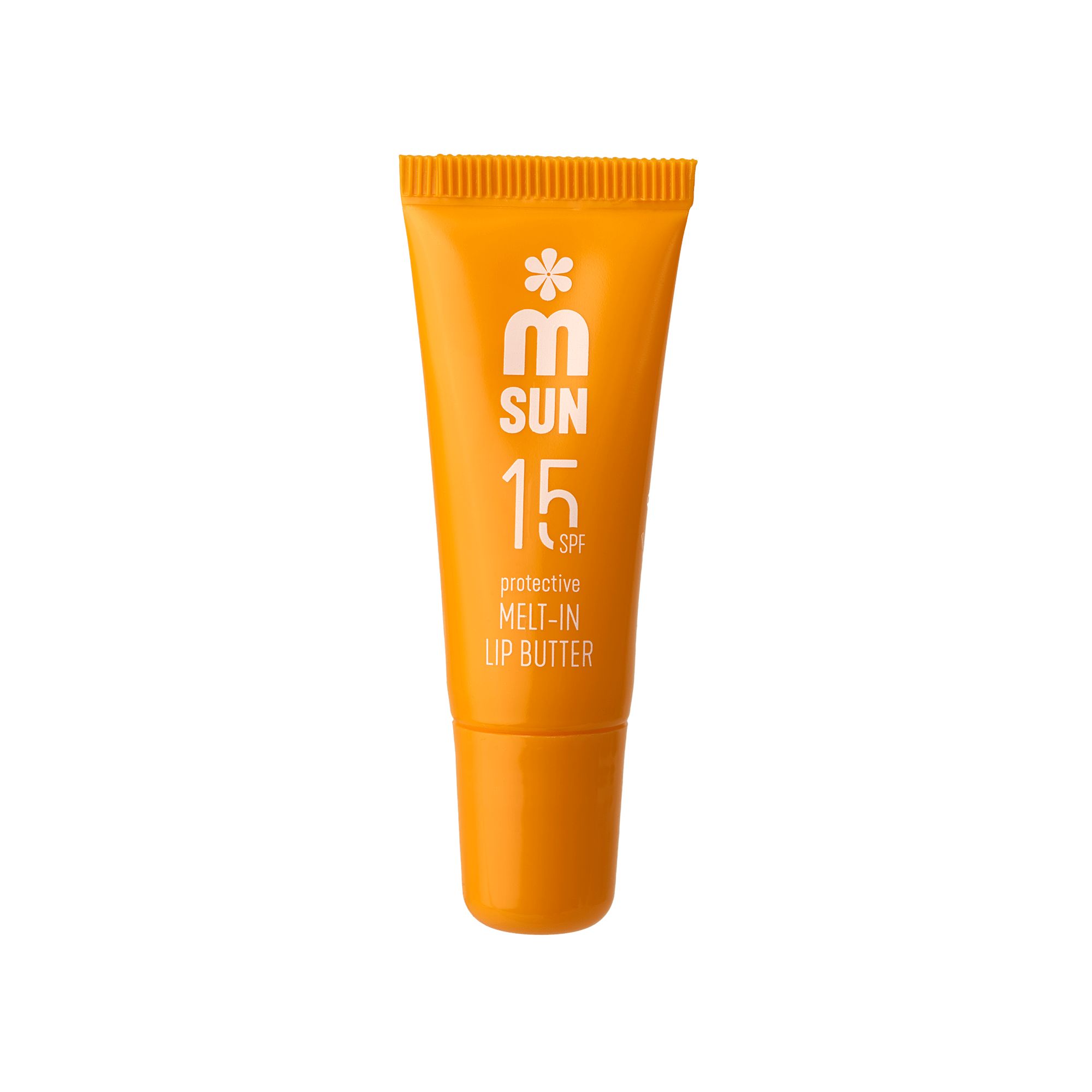 Orange Lippenbutter-Tube mit weißer Schrift. Aufschrift: SUN 15 SPF, protective MELT-IN LIP BUTTER.