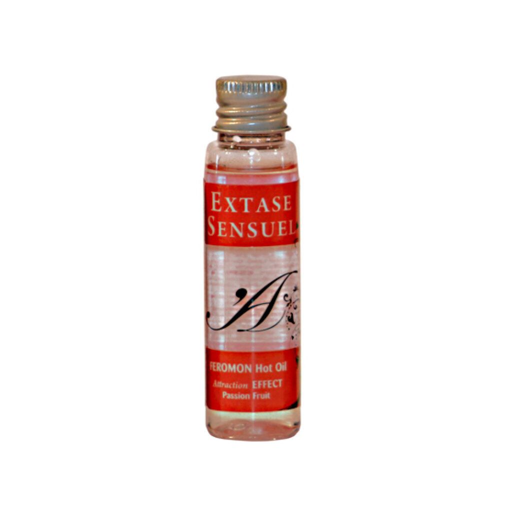 Klarflüssige Flasche mit silbernem Deckel. Etikett mit "Extase Sensuel" und "Pheromon Hot Oil".