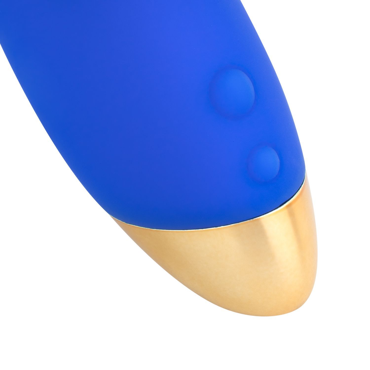 Nahaufnahme des goldfarbenen Endes eines blauen Vibrators. Zwei Knöpfe sind auf der blauen Oberfläche sichtbar.