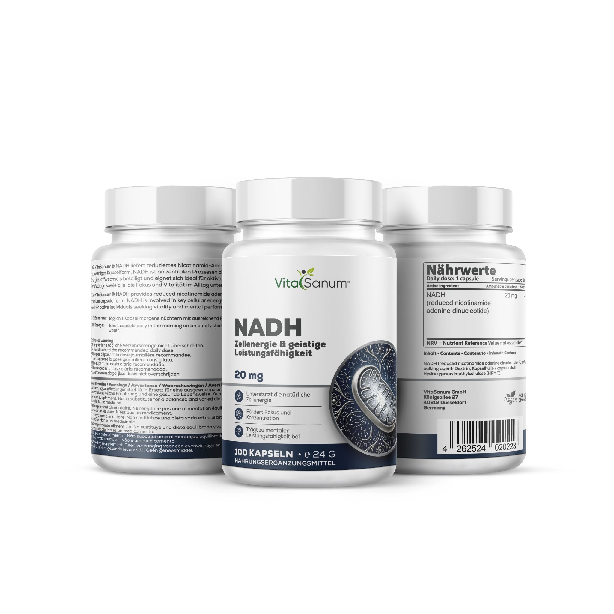 Drei VitaSanum® NADH Kapseldosen, 100 Kapseln je Dose. Zellenergie & geistige Leistungsfähigkeit.