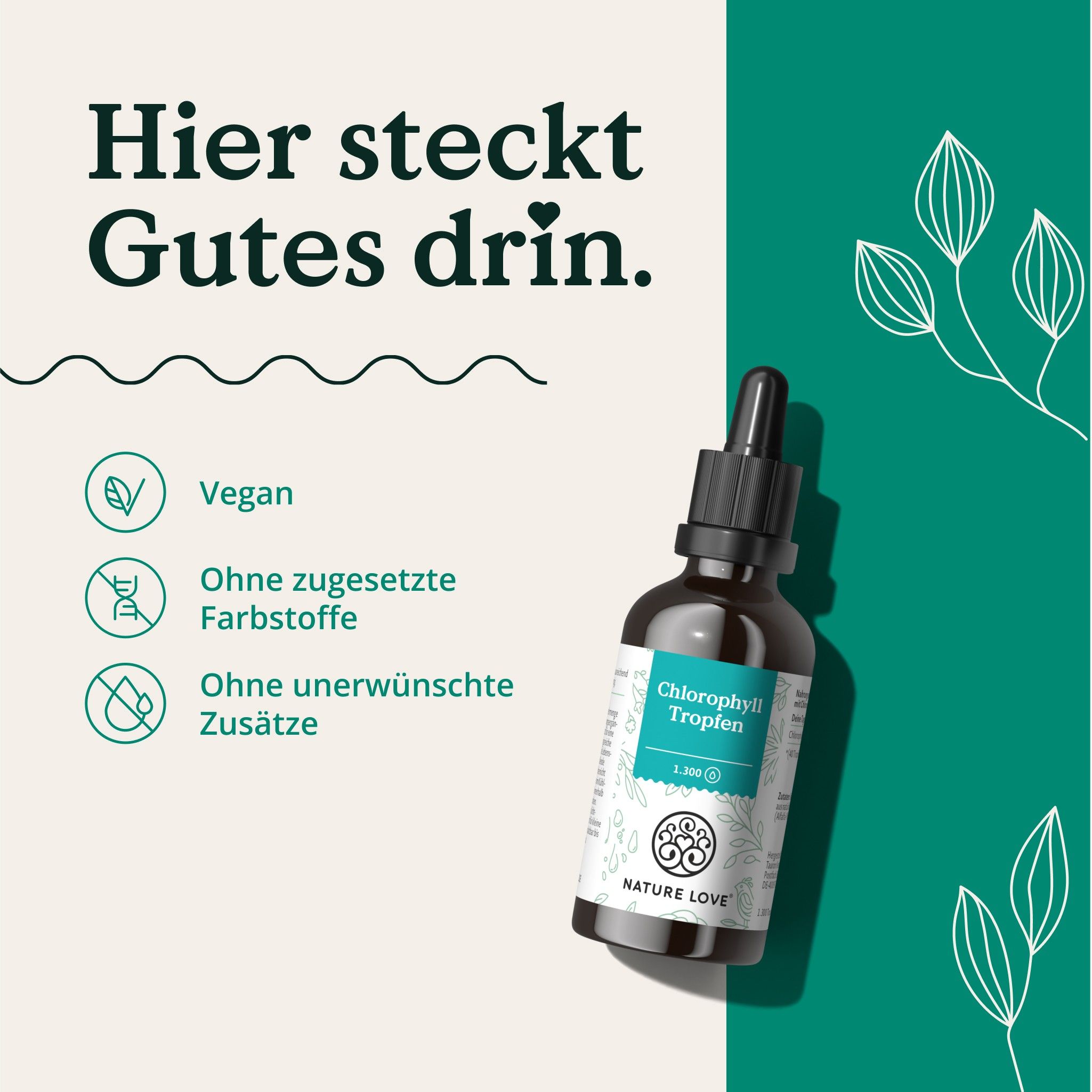 Braune Flasche mit Pipette. Text: Vegan, Ohne zugesetzte Farbstoffe, Ohne unerwünschte Zusätze. Produktname: Chlorophyll Tropfen, NATURE LOVE®.
