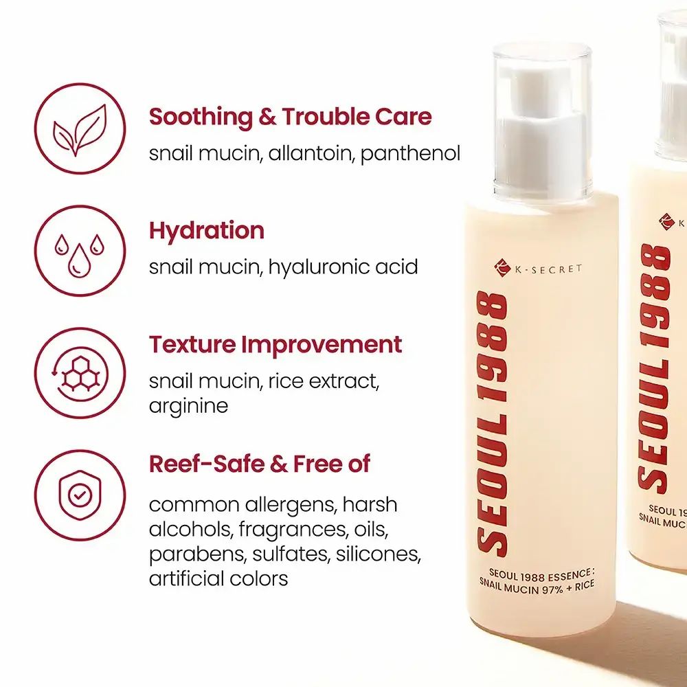 Zwei Flaschen mit weißem Pumpverschluss. Roter Schriftzug: SEOUL 1988. Text: K-SECRET, SEOUL 1988 ESSENCE, SNAIL MUCIN 97% + RICE. Diagramme.