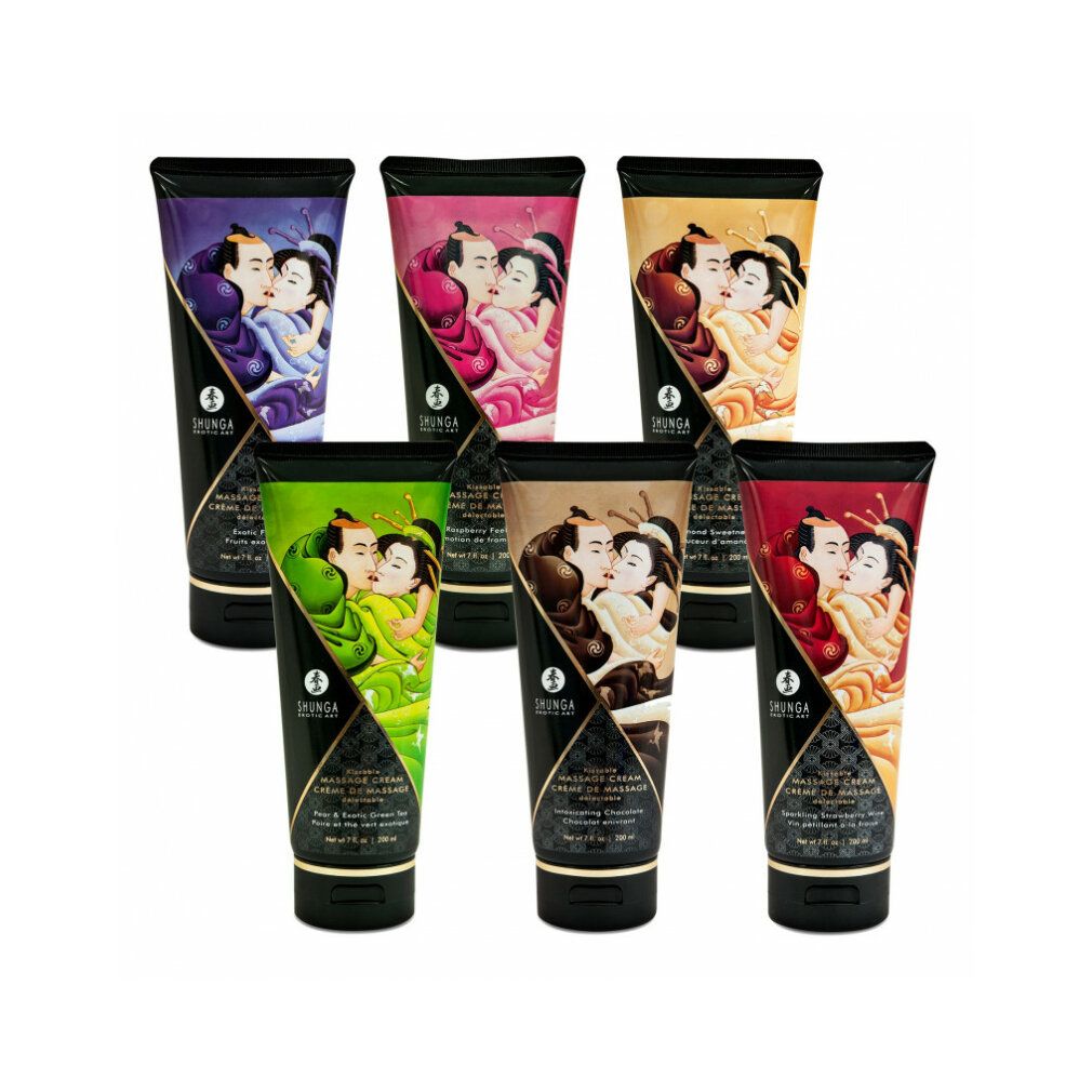 Sechs Tuben Massagecreme, Shunga Exotic Art. Abbildung eines Paares. Verschiedene Farben. Aufschrift: Massage Cream, Exotic Fruits.