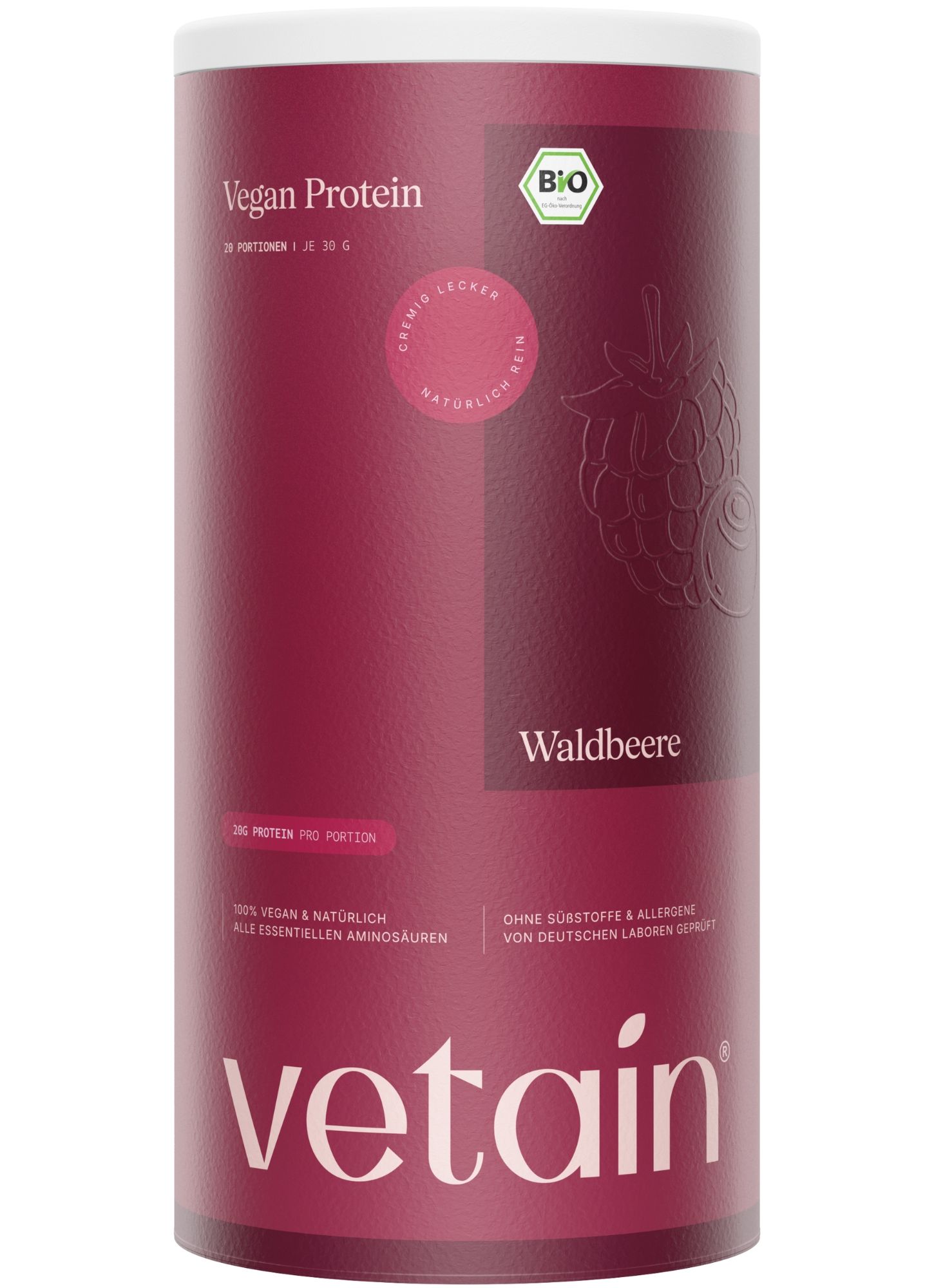 Runde Dose mit roter Aufschrift. Oben: Vegan Protein, Bio-Siegel. Unten: Marke Vetain. Aufschrift: Waldbeere. 20g Protein pro Portion.