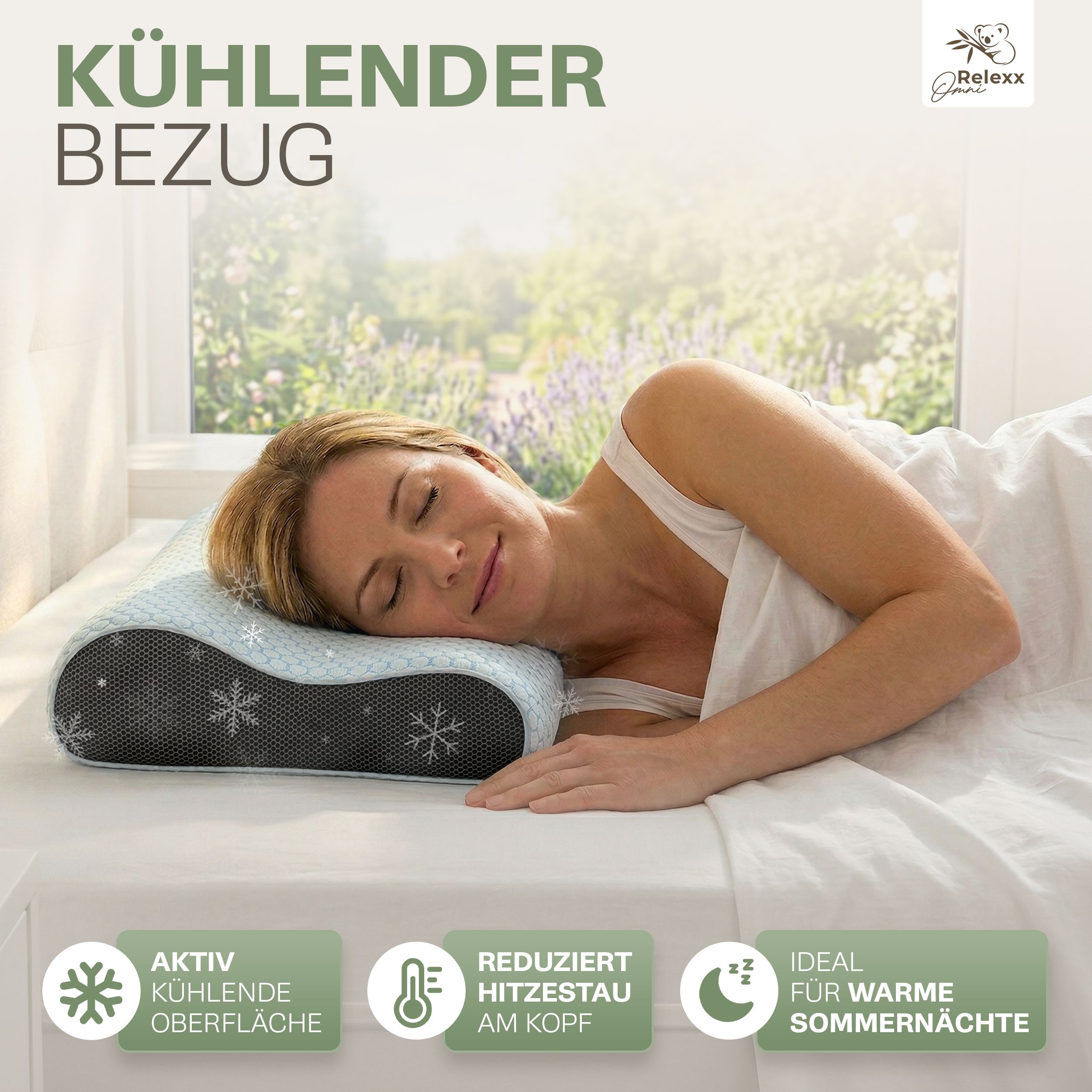 Frau schläft auf einem Nackenkissen. Kissenbezug mit Schneeflockenmuster. Text: "Kühlender Bezug", "Aktive kühlende Oberfläche".