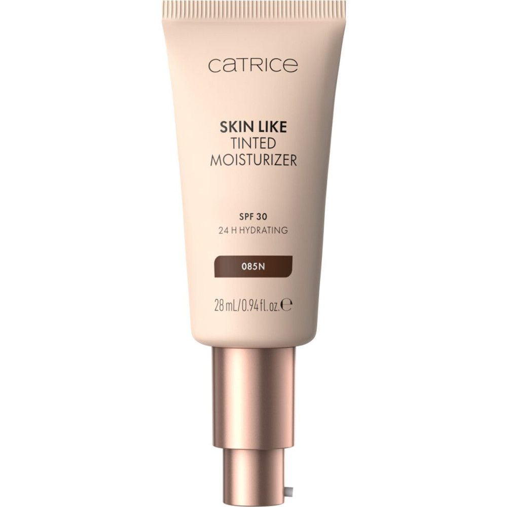 Beige Tube mit Aufschrift "CATRICE SKIN LIKE TINTED MOISTURIZER". Enthält SPF 30. Farbton 085N. Volumen 28 ml.