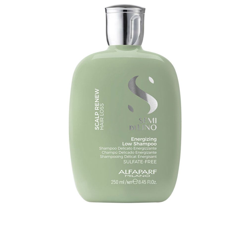 Grüne Flasche mit silbernem Deckel. Aufschrift: Scalp Renew Hair Loss, Semi Di Lino, Energizing Low Shampoo, Alfaparf Milano.