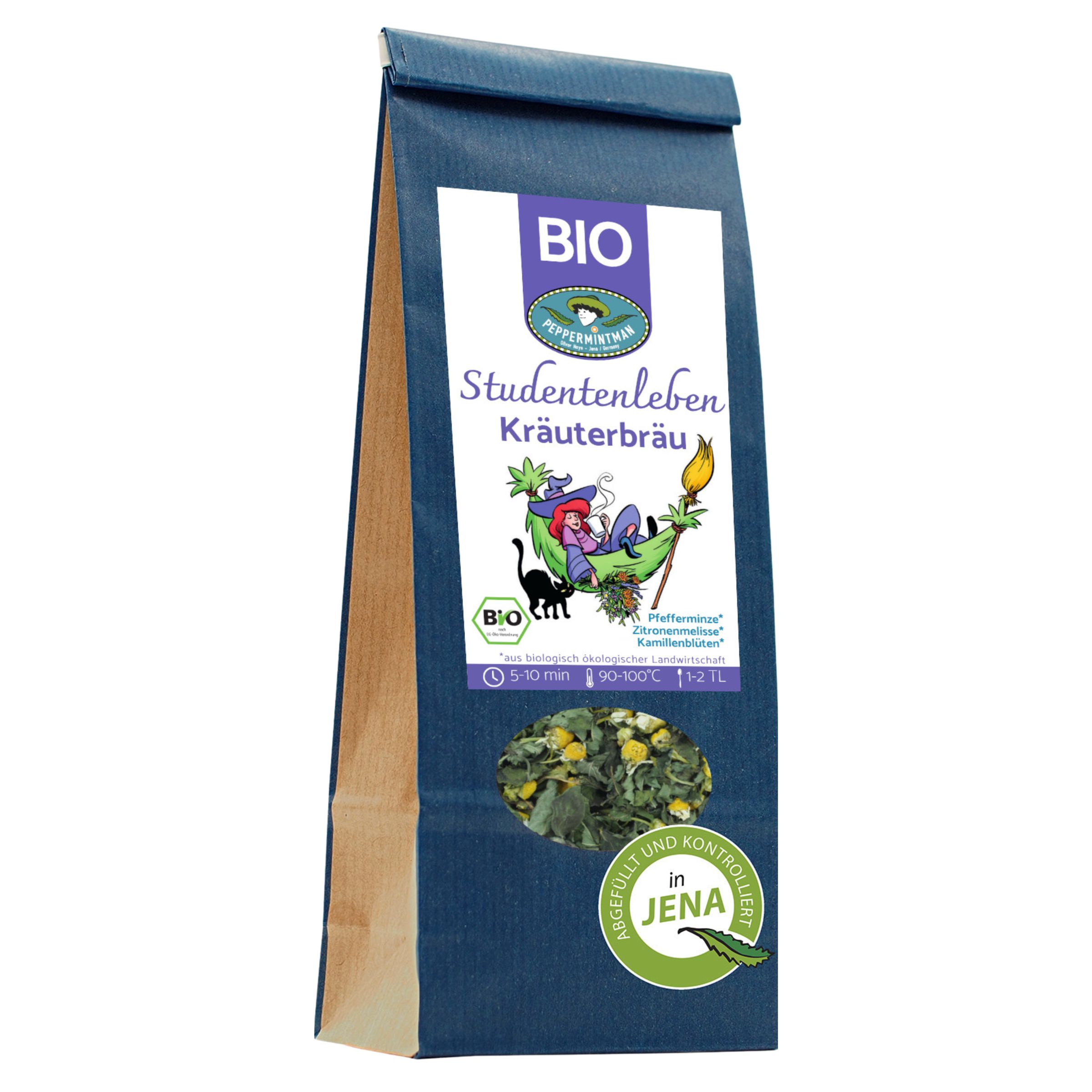 Bio-Kräuterteebeutel. Blaue Verpackung mit Produktnamen und Bio-Siegel. Sichtfenster zeigt Kräutermischung.