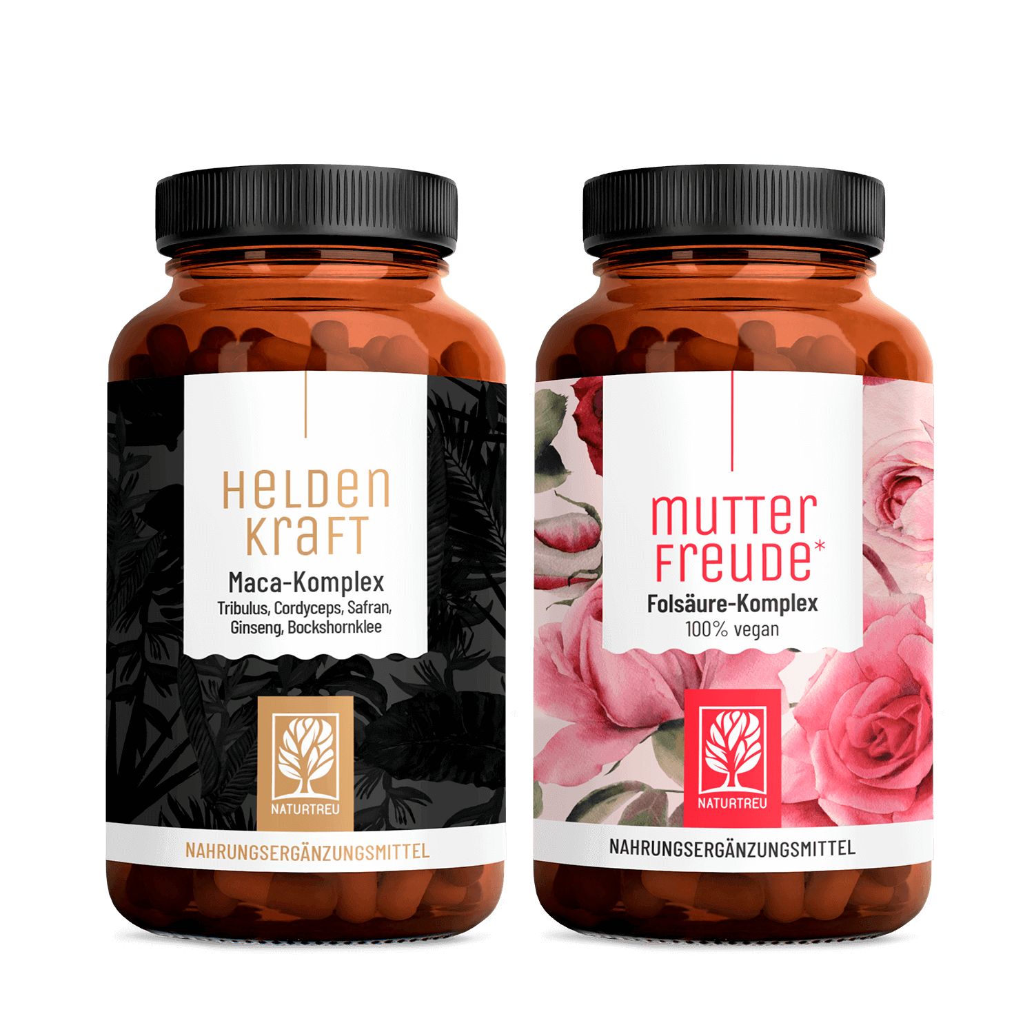 Zwei braune Pillendosen. Links: "HELDEN KRAFT" mit Inhaltsstoffen. Rechts: "MUTTER FREUDE" mit Rosen. NATURTREU® Logo.