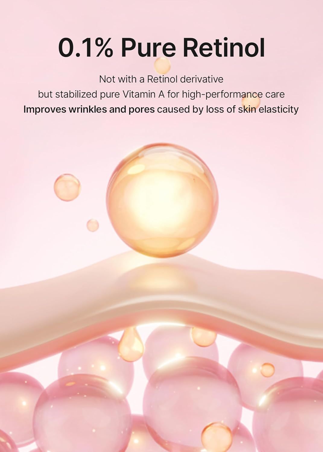 Abbildung von rosa Kugeln und Flüssigkeit. Text: 0.1% Pure Retinol. Verbessert Falten und Poren durch Elastizitätsverlust.