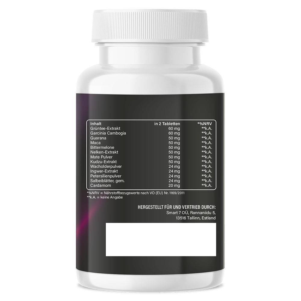 Rückseite der weißen Flasche. Nährwerttabelle mit Inhaltsstoffen wie Grüntee-Extrakt, Garcinia Cambogia, Guarana, etc. Hergestellt in Estland.