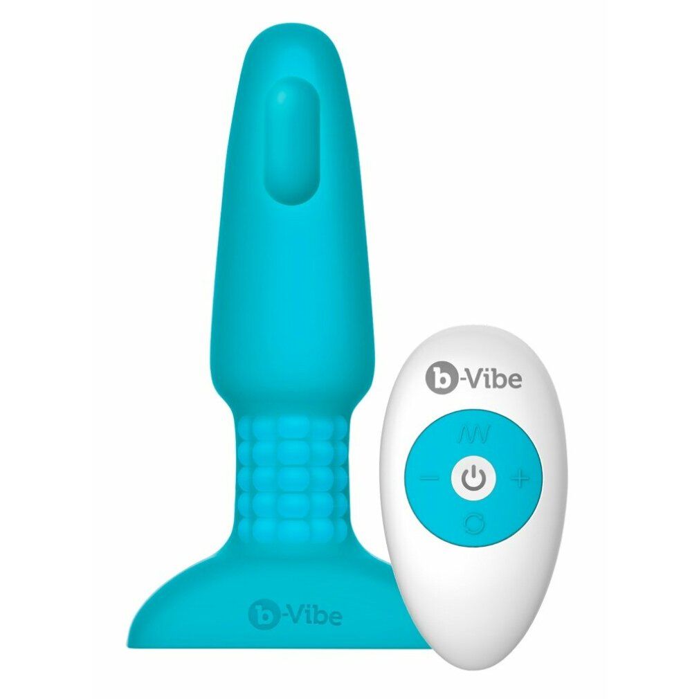 Türkisfarbener Analvibrator mit Fernbedienung. B-vibe Logo. Fernbedienung mit Tasten.