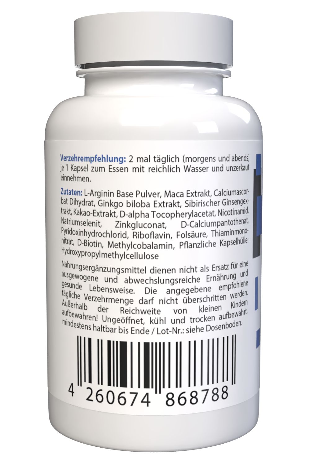 Weiße Flasche, Rückseite. Text: Verzehrempfehlung, Zutaten, Barcode. Nahrungsergänzungsmittel. Mindestens haltbar bis Ende.