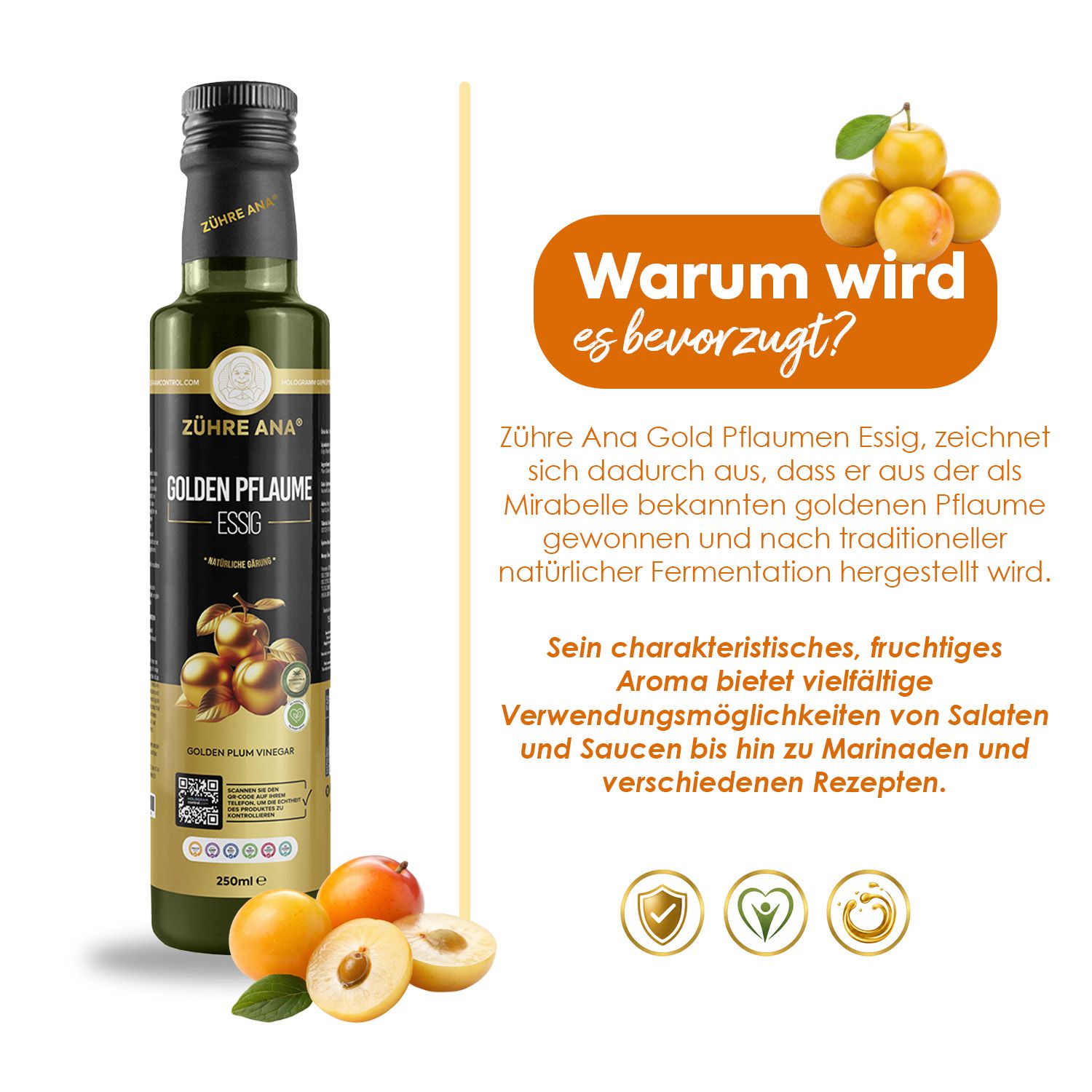 Flasche Zühre Ana Goldener Pflaumenessig mit Abbildung von goldenen Pflaumen und Text.