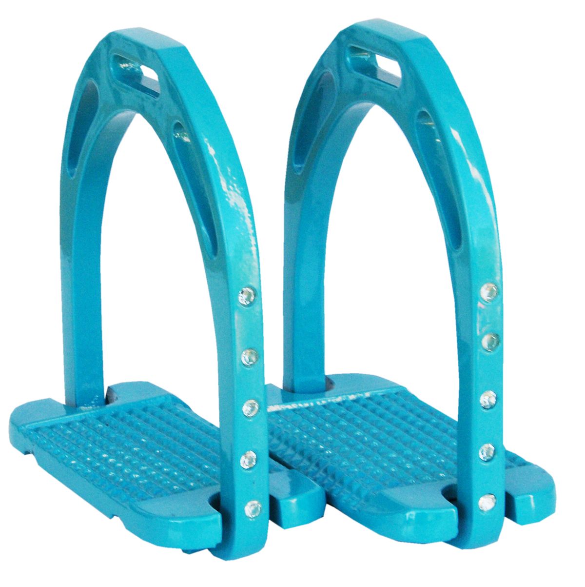 Zwei türkisfarbene Steigbügel. Jeder Steigbügel hat eine Trittfläche und einen Bügel mit Strasssteinen.