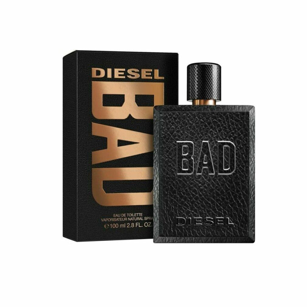 Schwarzer Flakon und Verpackung. Goldfarbener Schriftzug: DIESEL BAD. Eau de Toilette. 100 ml.