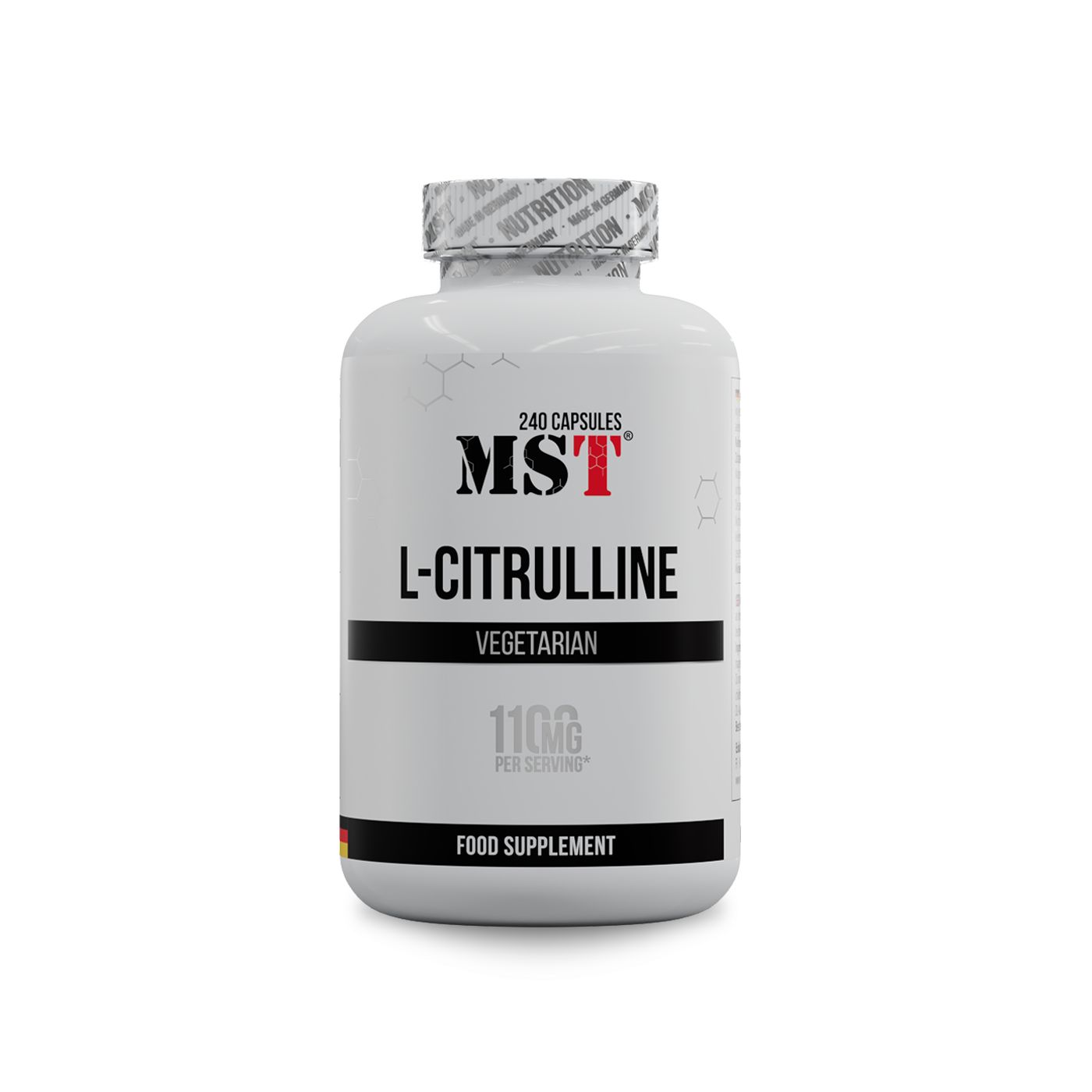 Weiße Flasche mit rotem MST-Logo und schwarzem L-Citrulline-Schriftzug. Enthält 240 Kapseln. Vegetarisch.