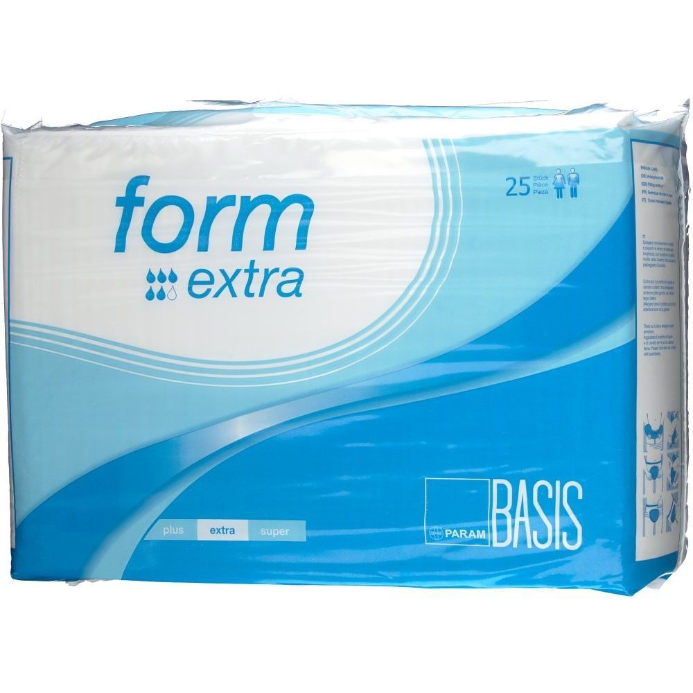 Verpackung mit 'form extra' Vorlagen. Blaue und weiße Verpackung, 'PARAM BASIS' Logo. 25 Stück.