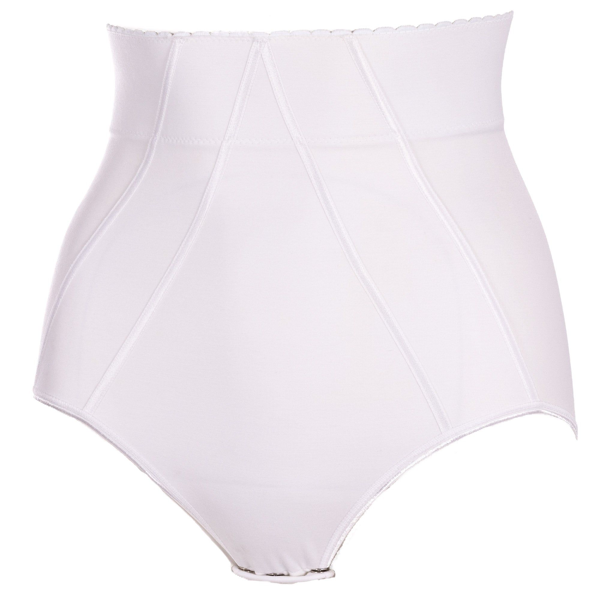 Weißer Miederhose mit hohem Bund. Baumwolle. Vertikale Nähte. Ansicht von vorne.