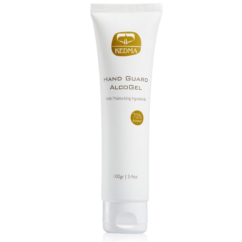 Weiße Tube mit KEDMA-Logo und Aufschrift HAND GUARD ALCO GEL. Enthält 70% Alkohol. Unten steht 100gr | 3.4oz.