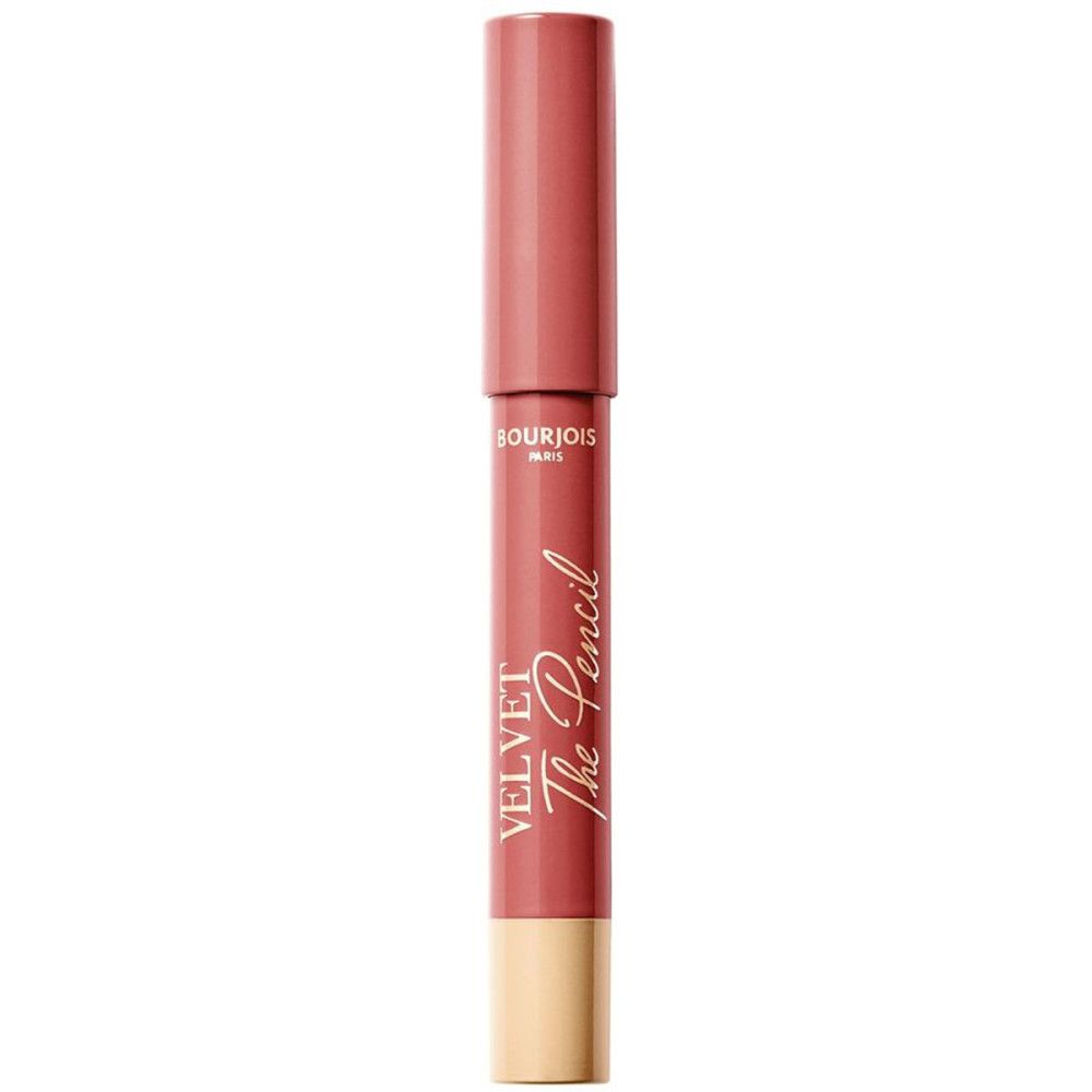 Stift in Rosa-Braun mit goldfarbener Spitze und Deckel. Schriftzug: VELVET The Pencil, Bourjois Paris.