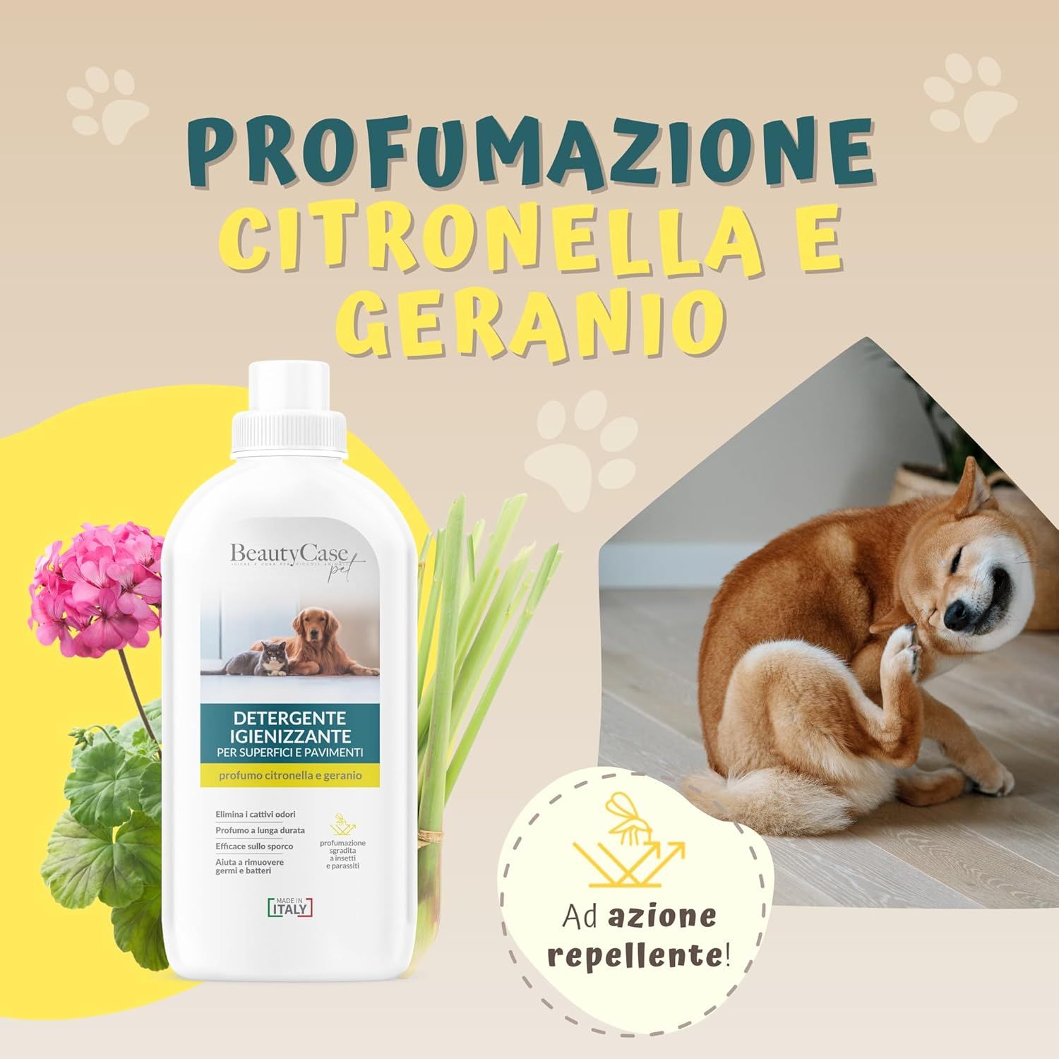 Reinigungsmittelflasche mit Text: Profumazione citronella e geranio. Illustration: Hund kratzt sich. Mit Pflanzen.