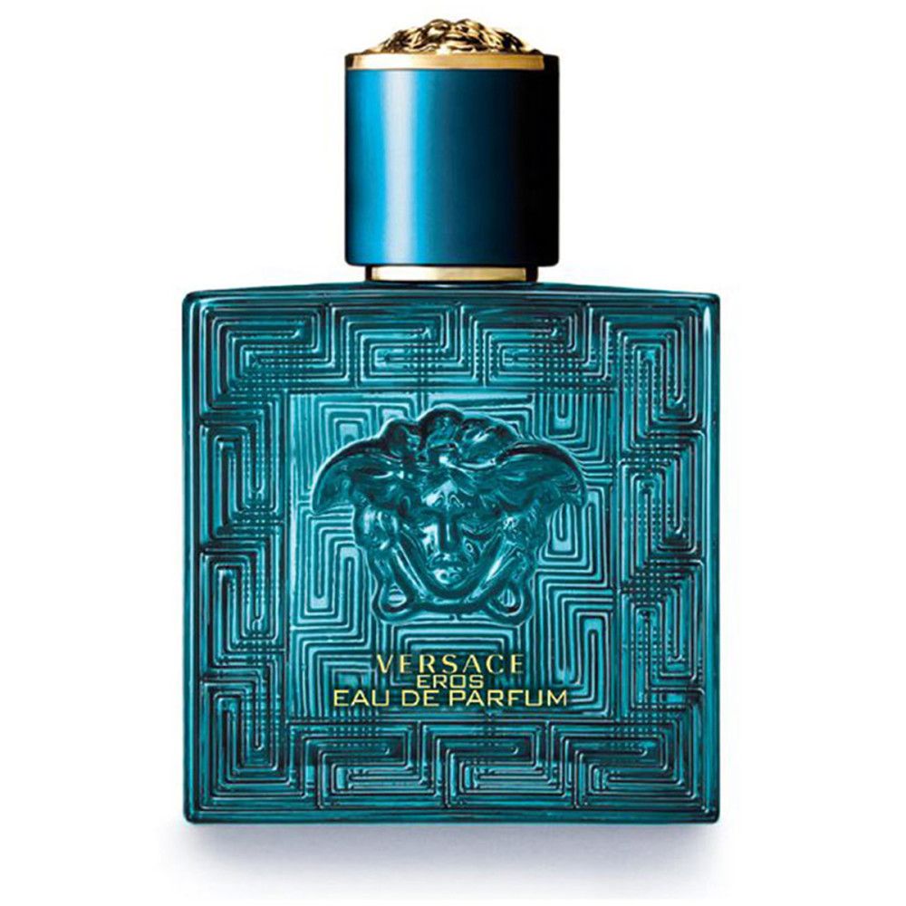 Türkisgrüner Flakon mit goldener Kappe. Aufschrift: Versace Eros Eau de Parfum. Quadratische Form mit Muster.