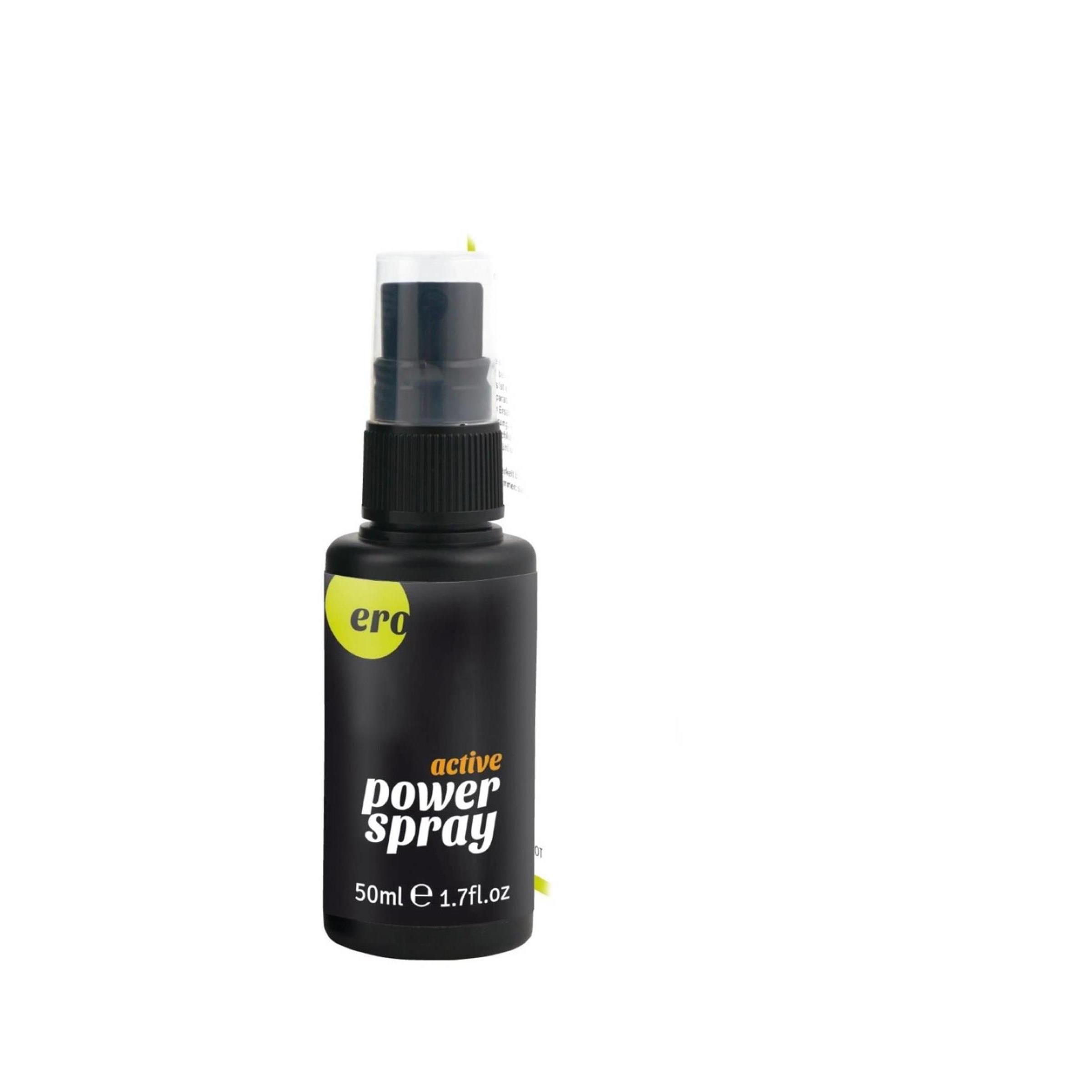 Schwarze Sprühflasche mit schwarzem Sprühkopf. Aufkleber mit "ero" und "active power spray". 50ml.