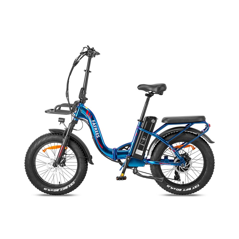 Blaues Fafrees F20 Max E-Bike mit schwarzen Reifen. Gepäckträger, Frontkorb und Schutzbleche. Sichtbare Marke.