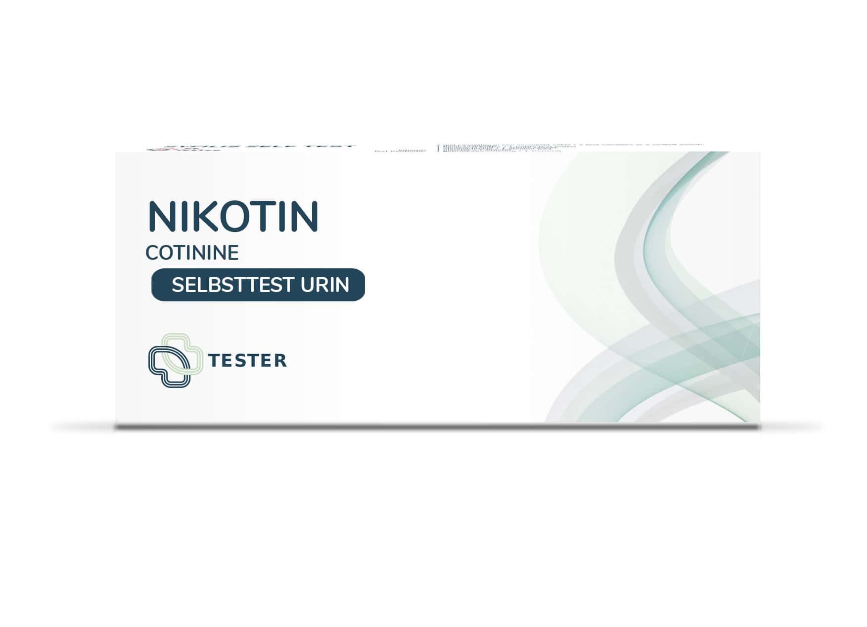 Verpackung für einen Nikotin-Selbsttest. Aufschrift: Nikotin, Cotinin, Selbsttest Urin, Tester. Weiß mit blauen und grünen Elementen.