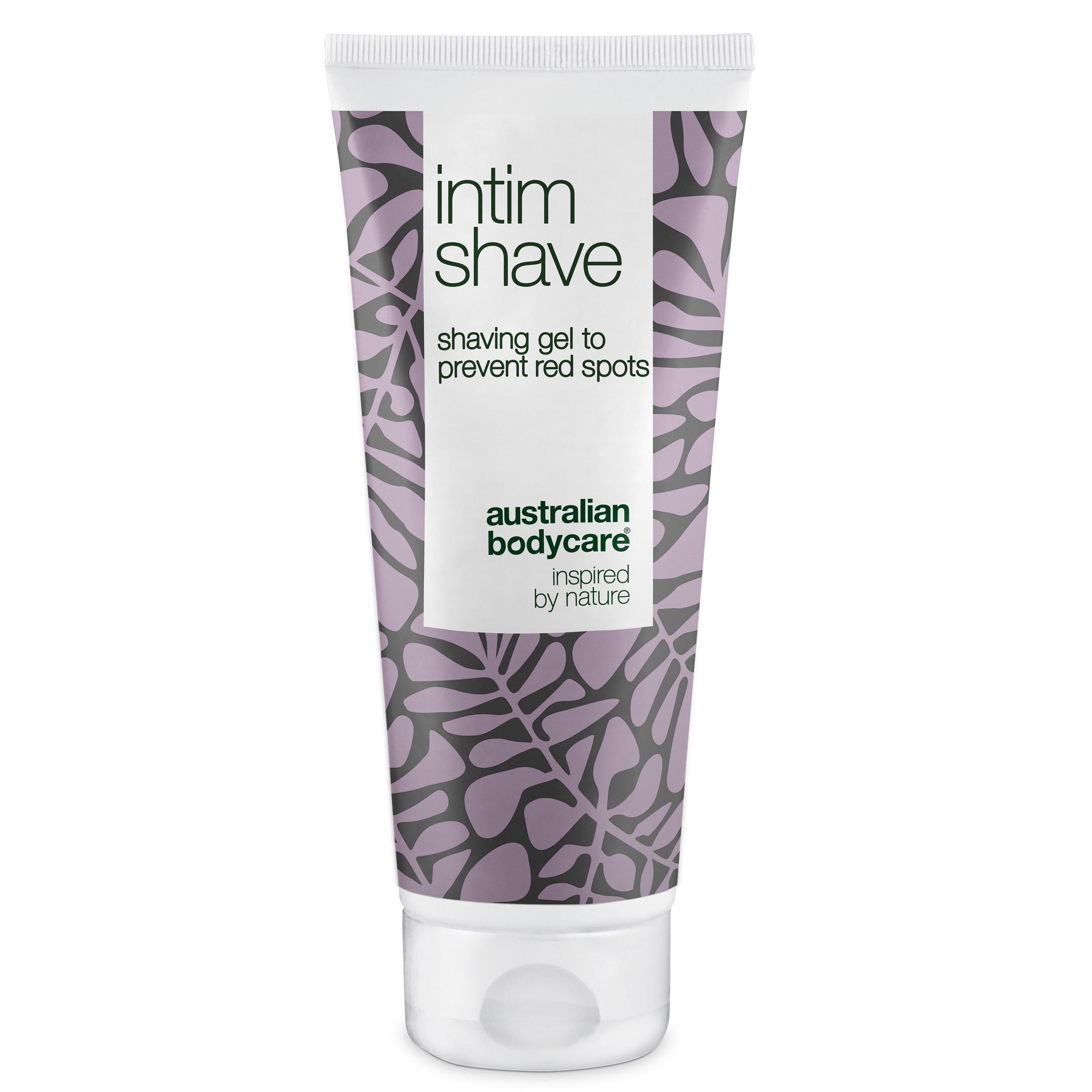 Tube mit Rasiergel. Aufschrift: Intim Shave, shaving gel to prevent red spots, Australian Bodycare.