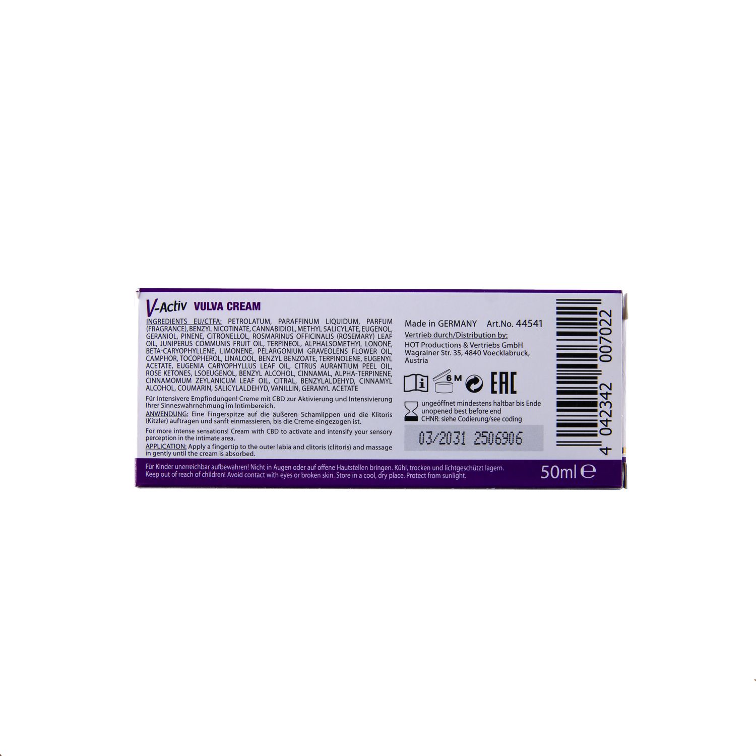 Rückseite der V-Activ Vulva Cream HOT Verpackung mit Details und Chargennummer.
