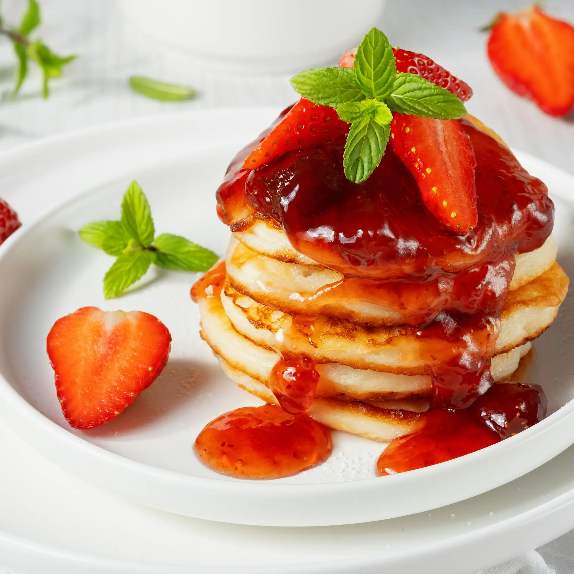 Pfannkuchen mit Erdbeerkonfitüre und frischen Erdbeeren belegt. Mit Minzblättern garniert. Auf einem weißen Teller.