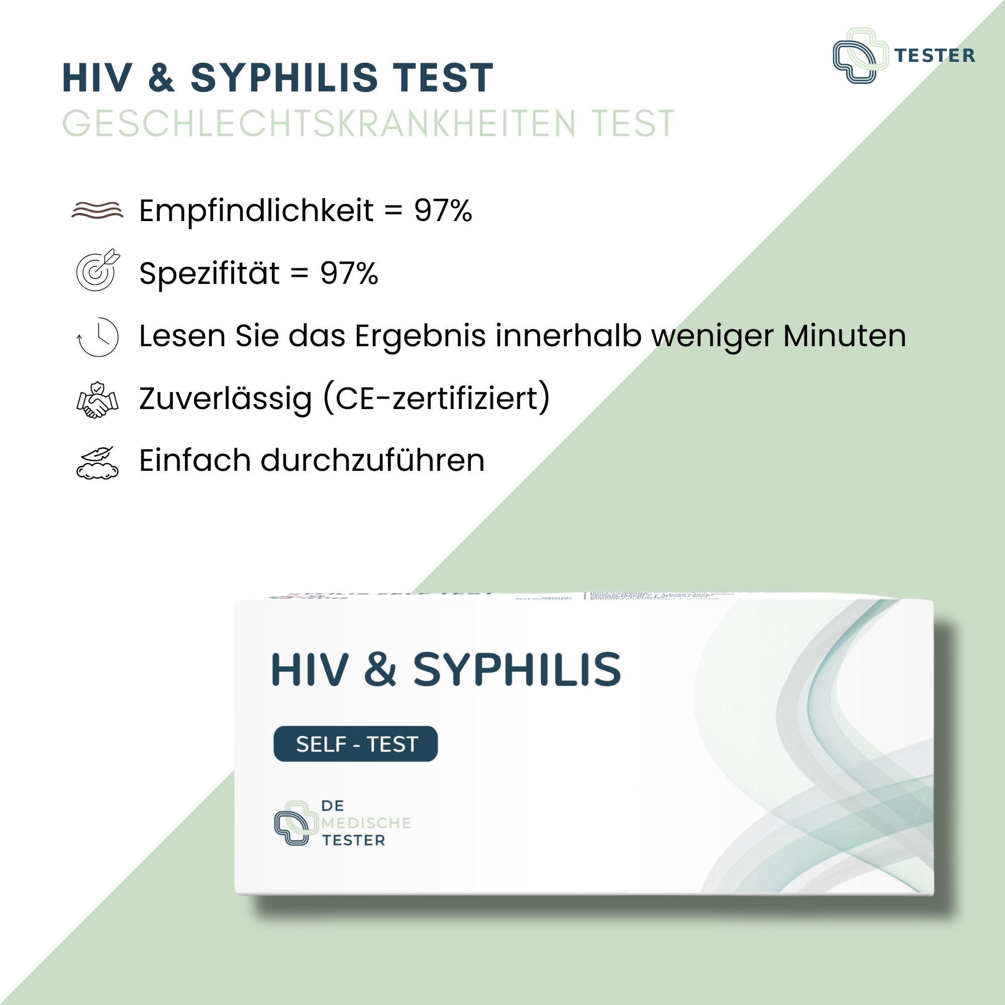 HIV & Syphilis Test-Verpackung. Weiße Schachtel mit blauer Schrift. Text: Empfindlichkeit 97%, Spezifität 97%, CE-zertifiziert. Logo "DE MEDISCHE TESTER".