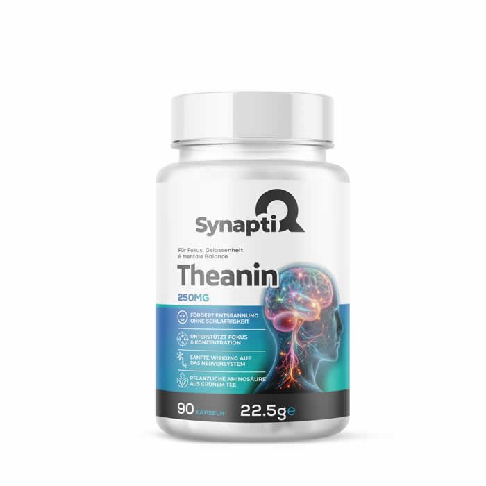 Weißes Pillenfläschchen mit blau-weißem Etikett. Aufschrift: SynaptiQ, Theanin, 250mg. Abbildung eines Gehirns.