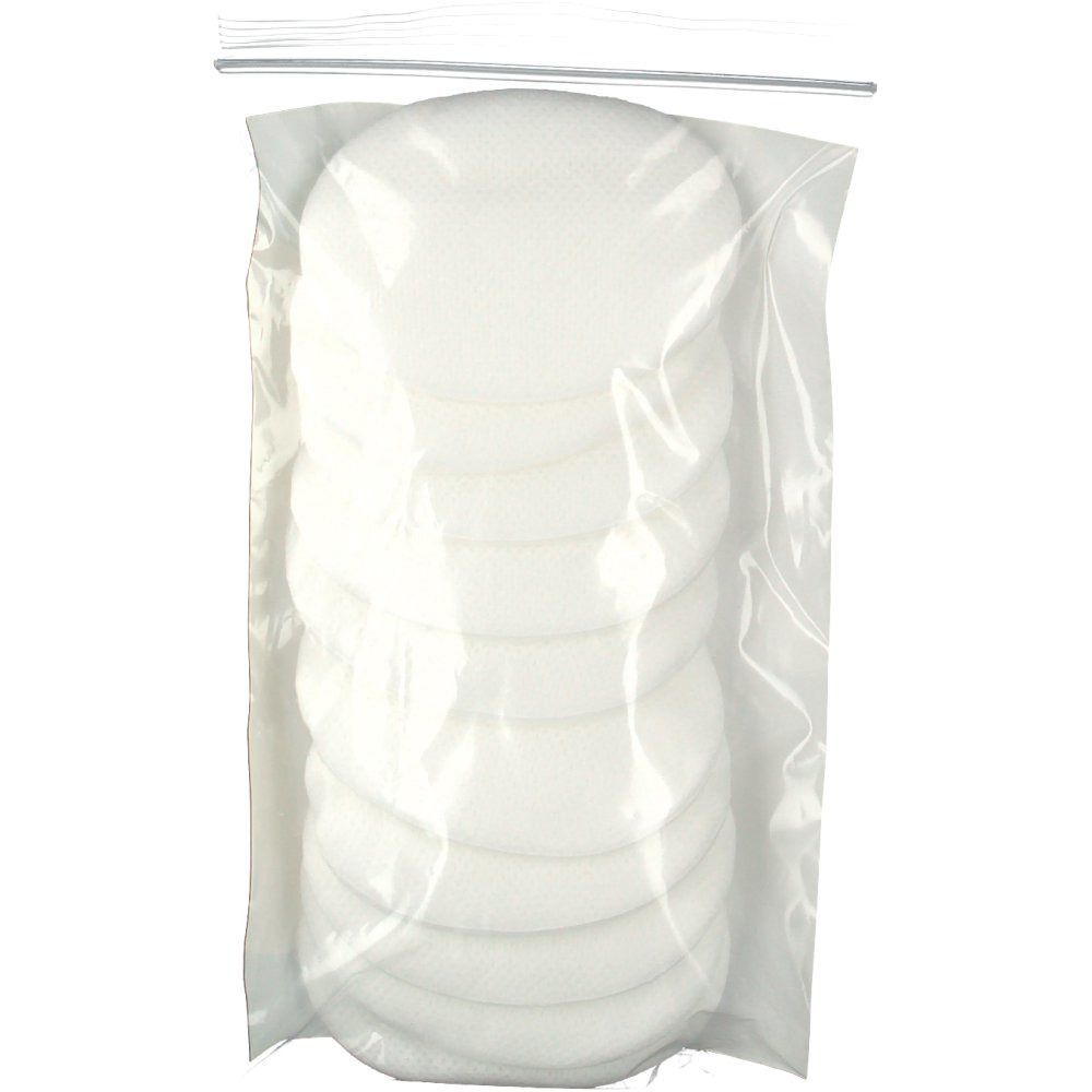 Mehrere weiße, runde Kompressen in einer transparenten Plastiktüte mit Reißverschluss.