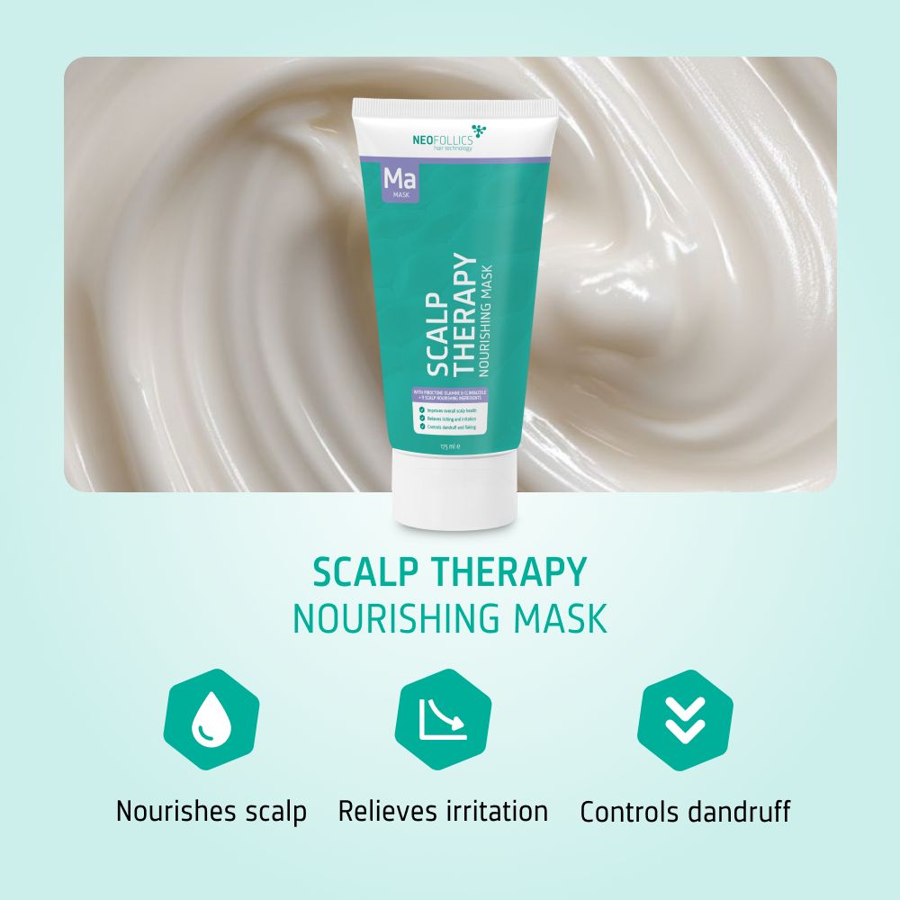 Tube mit Scalp Therapy Nourishing Mask, türkisfarben mit weißem Deckel. Hintergrund mit cremiger Textur.