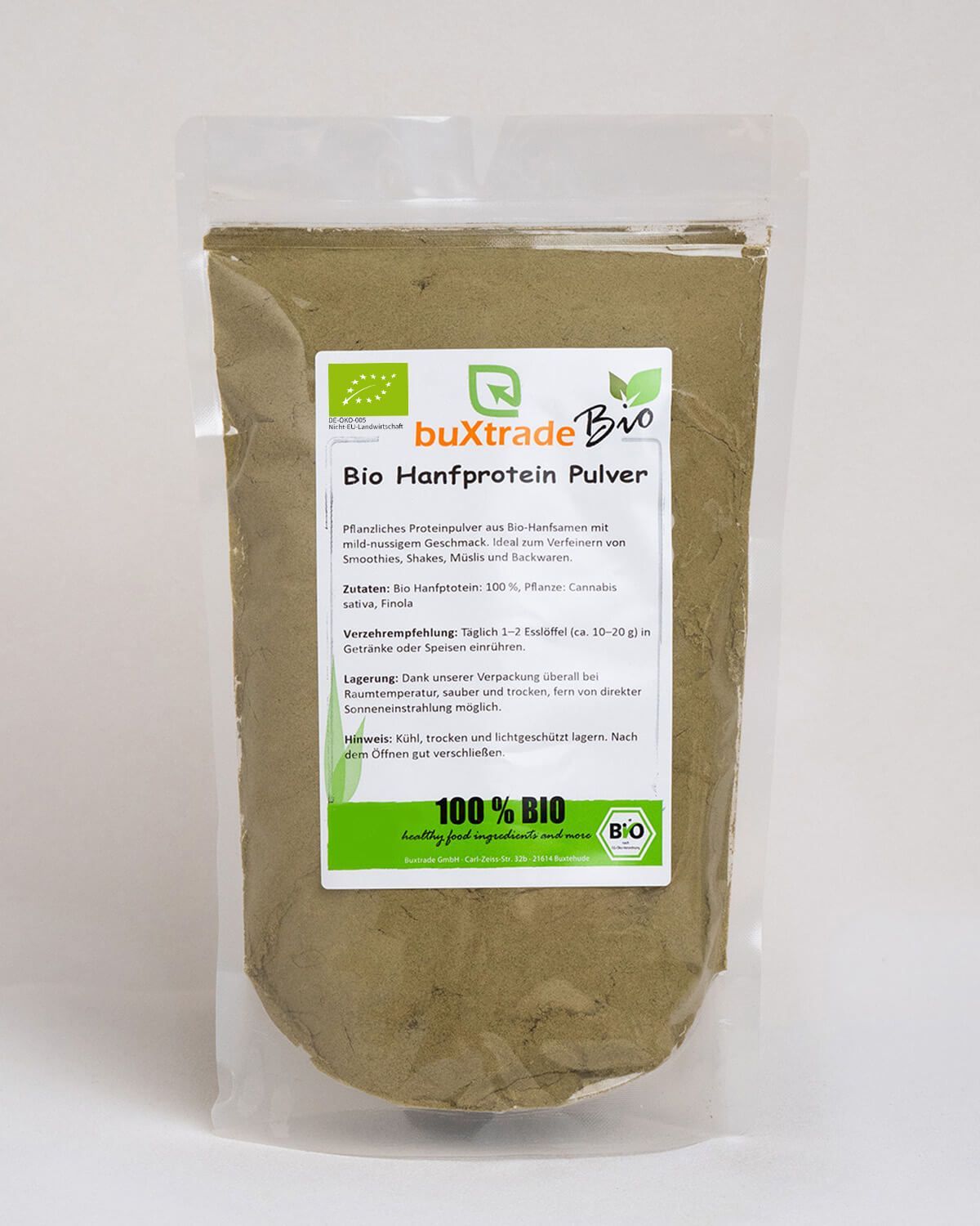 Buxtrade Bio Hanfprotein Pulver in transparenter Verpackung mit Bio-Siegel und Nährwertangaben.
