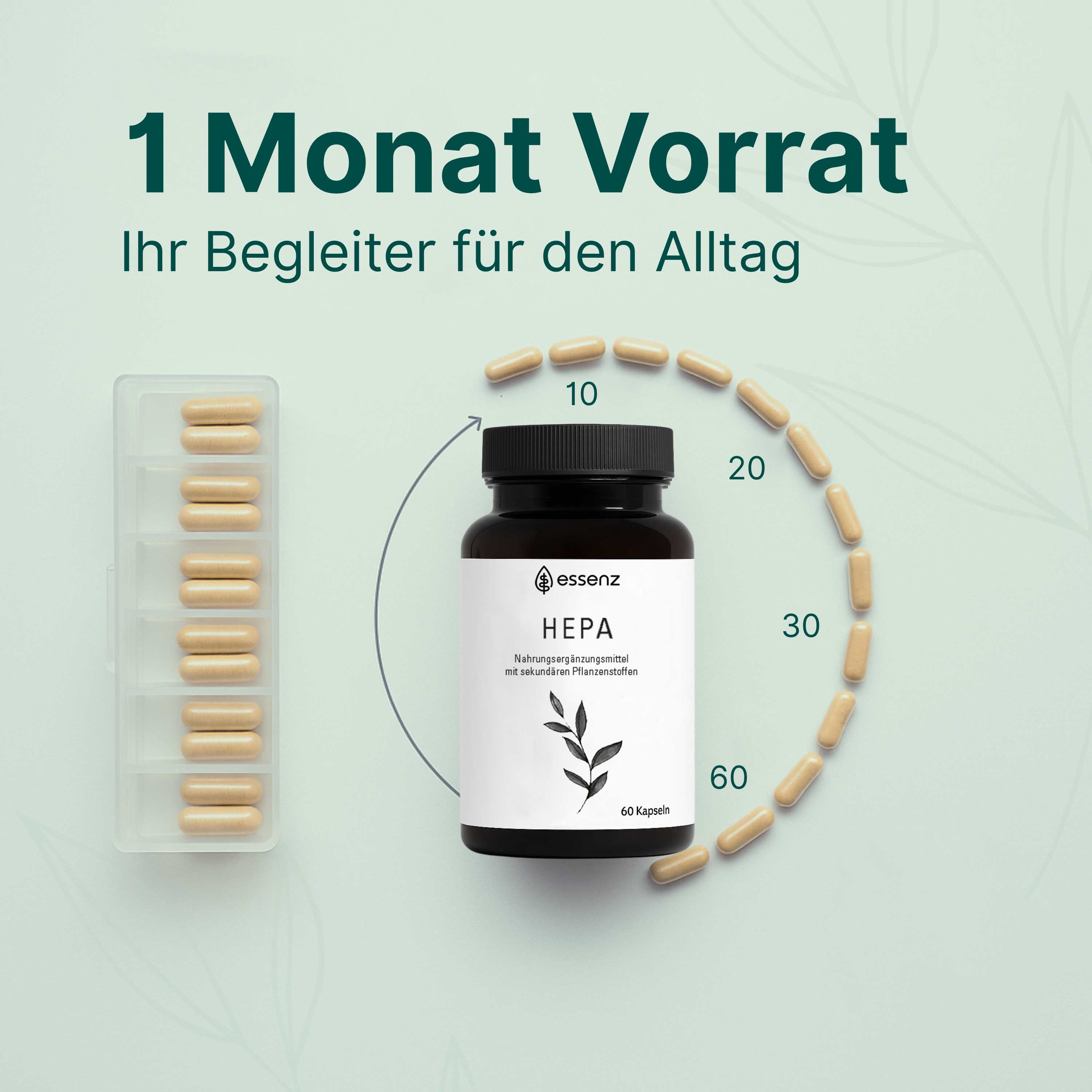 Braune Glasflasche mit Kapseln und Aufdruck 'essenz HEPA'. 60 Kapseln. Monatliche Vorratsanzeige mit Kapseln.