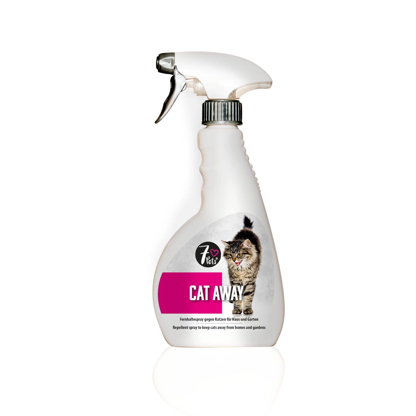 Sprühflasche mit Sprühkopf. Aufdruck: 7Pets, CAT AWAY, Katze. Text: Fernhalte Spray für Haus und Garten. Repellent spray to keep cats away from homes and gardens.